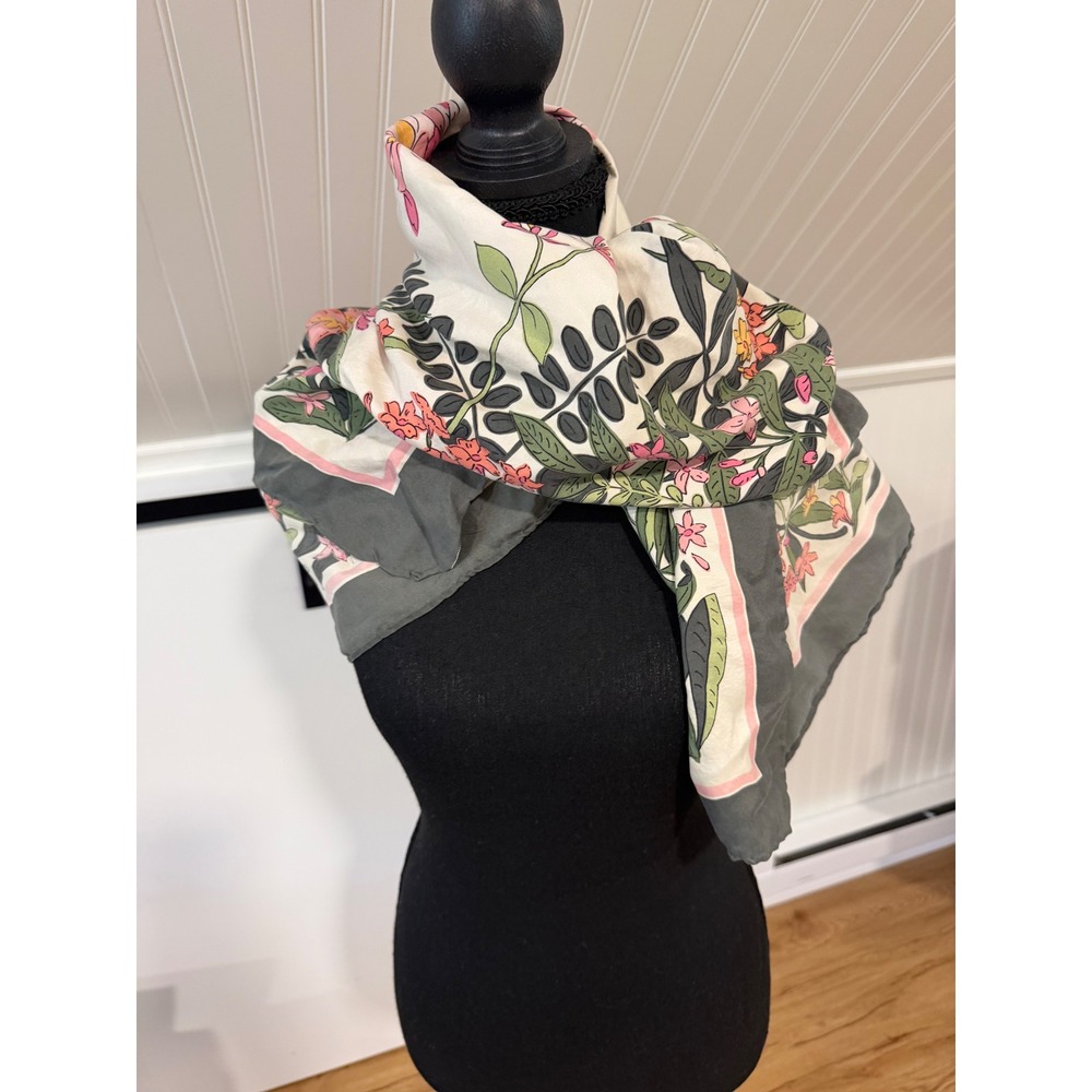 Vintage J.Crew Square Silk Scarf Green Pink Floral Botanical Print 32x34